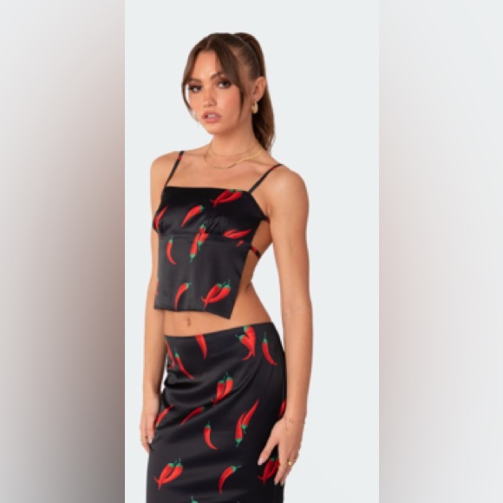 NEW Chili satin effect open back top and matching skirt